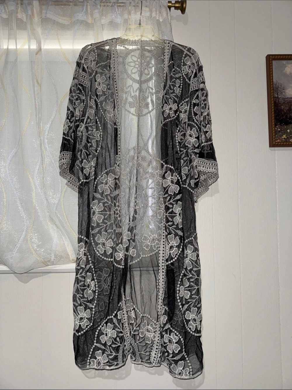 Sheer Black Lace Kimono with White Floral Embroidery